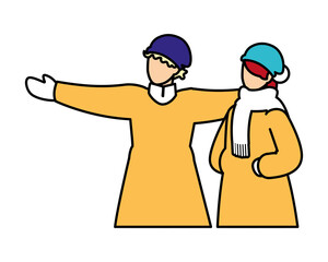 couple of people with winter clothes on white background
