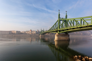 The Liberty Bridge in Budapest in Hungary, it connects Buda and Pest cities across the Danube river. shortest bridge in Budapest city.