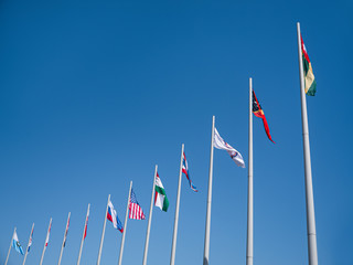 Flags of the countries of the world on flagpoles