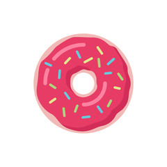 Pink donut with bright glaze and sprinkles. Dessert on a white isolated background.  Sweet sticker or patch design template. Vector illustration.