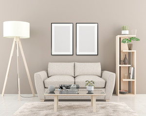 Interior wall with two blank Posters. 3D render