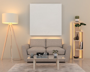 Interior wall with one big blank Canvas. 3D render