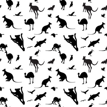 Seamless vector background with Australian animals silhouettes