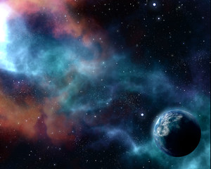 Naklejka na ściany i meble 3D starry night sky background with abstract planet and nebula