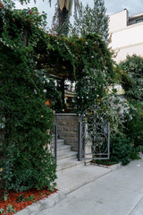 An open gate surrounded by a blooming garden