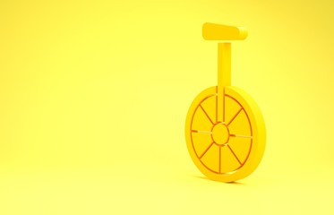 Yellow Unicycle or one wheel bicycle icon isolated on yellow background. Monowheel bicycle. Minimalism concept. 3d illustration 3D render © Oksana