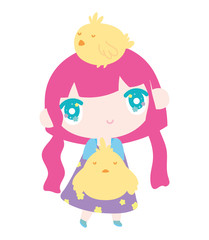kids, little girl anime cartoon with chickens