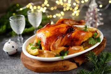 Delicious Roasted Chicken with Apple Slices. Christmas background.