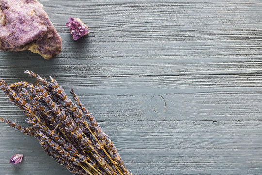 Dried Lavender Bundle with Lepidolite and Amethyst Crystals