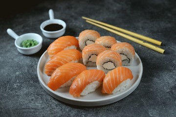 Philadelphia homemade sushi rolls and nigiri sushi with wild salmon.