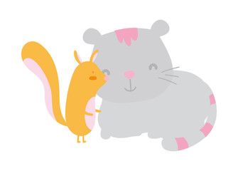 cute little squirrel and gray cat catoon animals