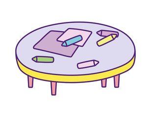 round table with color pencils and paper draw