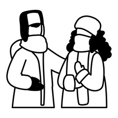 couple of people with winter clothes on white background