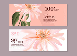 Elegant magnolia flower gift voucher template in vector. Hand-drawn business concept for banner, beauty salon, spa, handmade products, eco packaging design