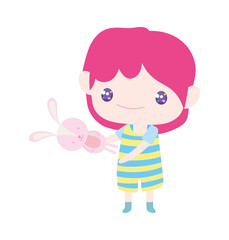 cute little boy with toy rabbit cartoon