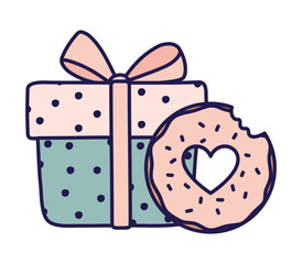 happy valentines day dotted gift box and bite donut dessert