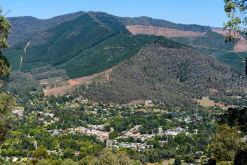 Fototapeta na wymiar View of Bright township in the Ovens Valley in the alpine region of northeastern Victoria Australia 2019