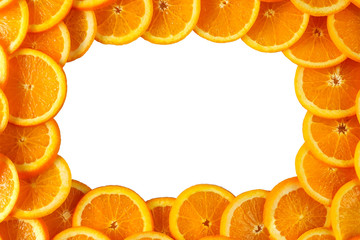 composition of sliced oranges, frame isolated on white background with copy space for text or advertising.
