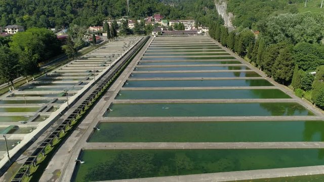 Aerial forward salmon fish farm many outdoor concrete pools producing growing between mountains outdoors. Lot fish swims. River nature landscape. Europe Norway. Artificial breeding hatchery. Summer