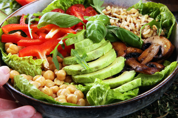 Quinoa and spicy chickpea vegetable vegetarian buddha bowl. Healthy food concept with tomato