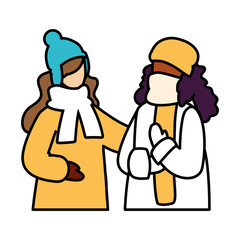 women with winter clothes on white background