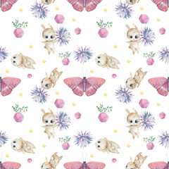 Watercolor seamless pattern with cute bunny with flowers pink butterflies background. Adorable colorful cartoon baby illustration for greeting, invite prize