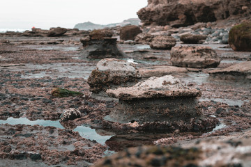 Tres Emes beach. Surfing spot.Strange rocks. Moon landscape.