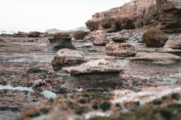 Tres Emes beach. Surfing spot.Strange rocks. Moon landscape.