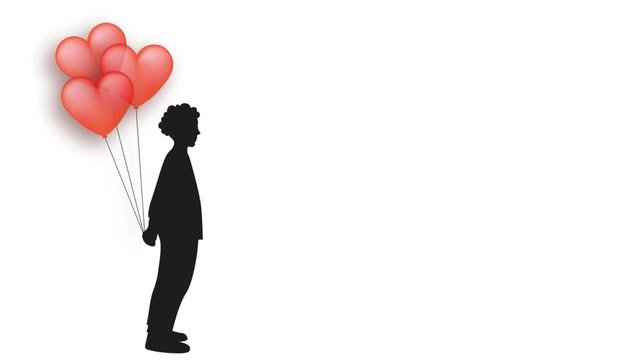 Valentines movie with moving red balloons on white background with copy space