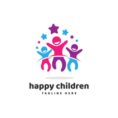 Happy Children Jump with Star Logo Vector Icon Illustration