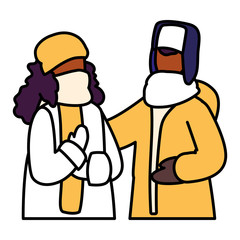 couple of people with winter clothes on white background