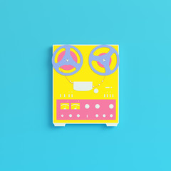 Yellow reel to reel type recorder on bright blue background in pastel colors