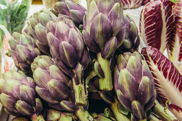 Artichokes on a indoor food market called Mercato Delle Erbe in Bologna city, Italy