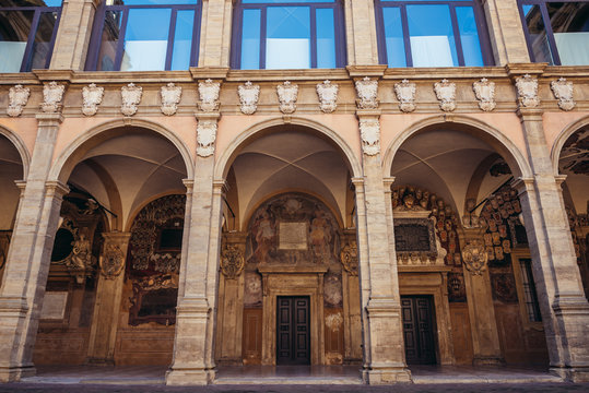 View from inner court on Archiginnasi - historic main building of University in Bologna city, Italy