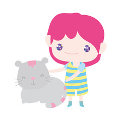 cute little boy cartoon and gray cat