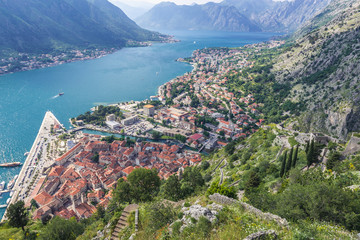 View from ruins of ancient fortress on St John mountain in Kotor town, Montenegro