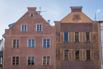 Townhouses on the market square in old part of Olsztyn, Masuria region of Poland