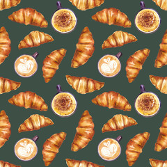 Watercolor hand painted breakfast cappuccino, latte coffee cups and croissants illustration seamless pattern, wrapping paper, wallpaper 