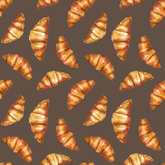 Watercolor hand painted French breakfast croissants illustration seamless pattern, wrapping paper, wallpaper 