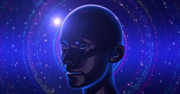 Human Head Rotating In Digital Space. Technology And Artificial Intelligence. 4K 3D Futuristic Seamless Animation