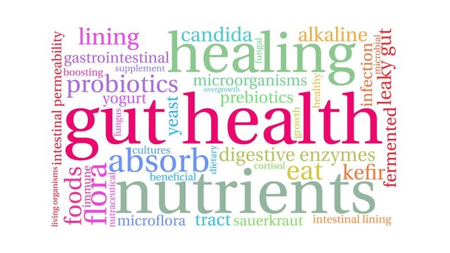 Gut Health Animated Word Cloud on a white background. 
