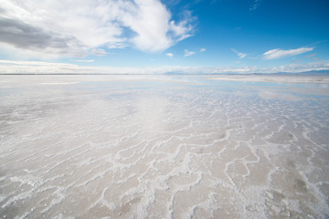 Fototapeta na wymiar Blue Sky Contrast with White Salt Flats at Bonneville Salt Flats, Utah