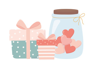 happy valentines day gift boxes and jar glass with hearts love
