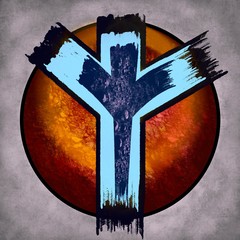 print runes algiz on a background of a fiery eye