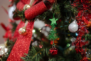 The Christmas tree and balls on the Christmas tree close-up