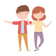 happy young couple together hugging cartoon characters