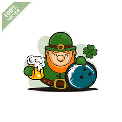 Bowling ball happy Saint Patrick's Day theme. Cartoon character with green hat illustration vector logo.