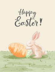 Watercolor painting of Easter day's card. Rabbit and carrot egg on the garden. Design for card, poster, postcard, wallpaper, letter.
