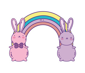 Fototapeta premium cute rabbits cartoon animals rainbow decoration