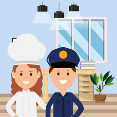 policeman and woman chef workspace desk books plant and lamps